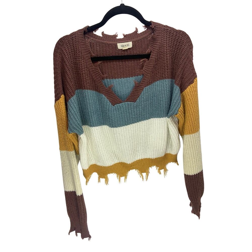 Fashion On Earth Cropped Woodland Fairy Sweater Brown Bluish Gray Ivory & Gold L